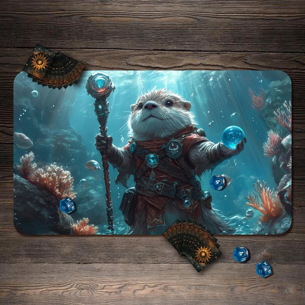 TCG Playmat Cute Otter Wizard Underwater Coral Seabed Magic Crystal Staff Ocean Fantasy Scenery Non‑Slip Large Desk Mat