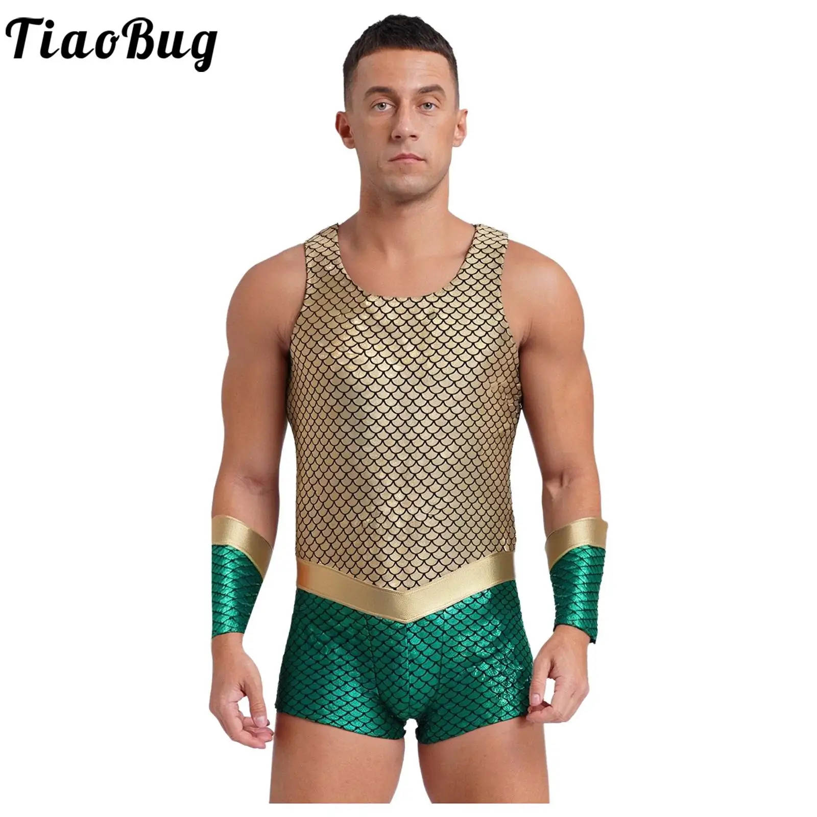 Men Halloween Sea King Sea God Cosplay Costume Shiny Fish Scales Print Bodysuit for Poseidon Merman Cosplay Costume with Sleeves