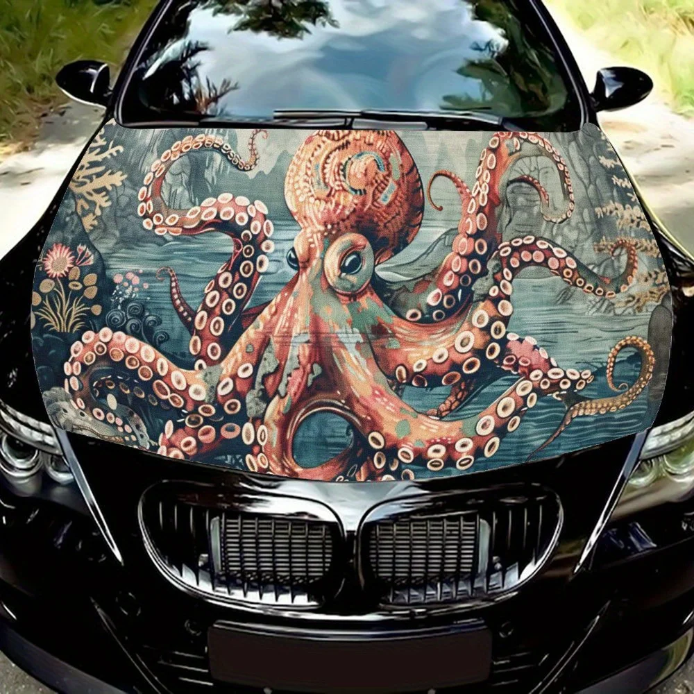 Fantasy Octopus Ocean Art Car Vinyl Wrap, PVC Waterproof Car Hood Sticker, Self-Adhesive Scratch-Resistant Stickers for Engine C