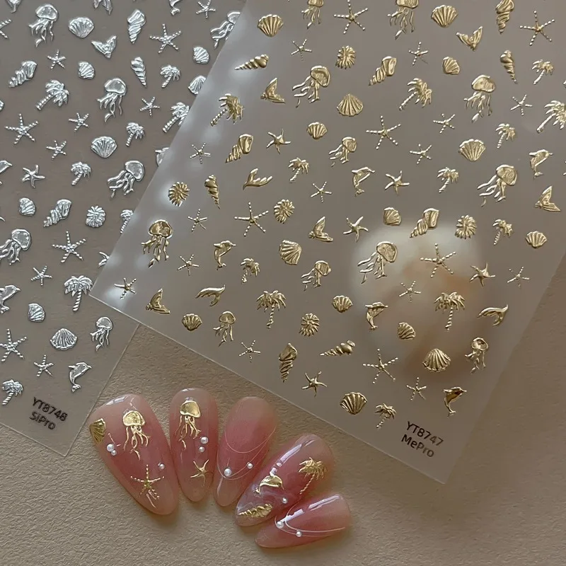 1pcs Nail Art Stickers Beach Vacation Style with Hot-Stamped Silver Jellyfish Seashells and Starfish—Fantasy Ocean DIY Nail Art