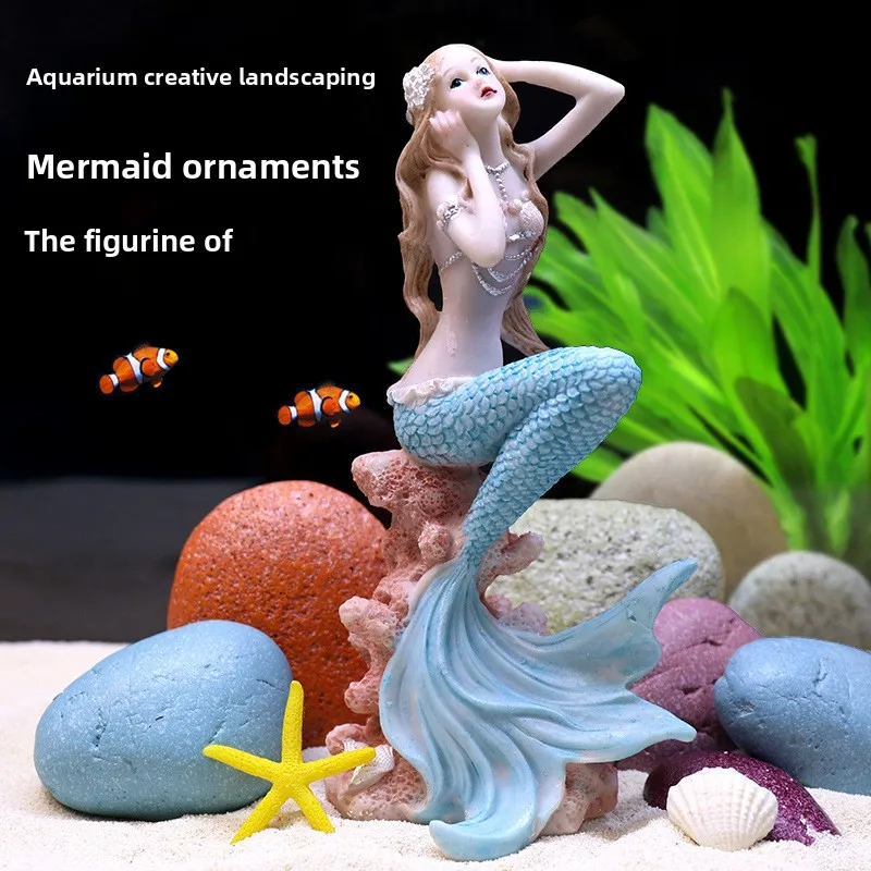 Resin Mermaid Aquarium Decor–Ocean Themed Fish Tank Ornament with Coral Base, Hand Painted Fantasy Statue for Underwater Fantasy