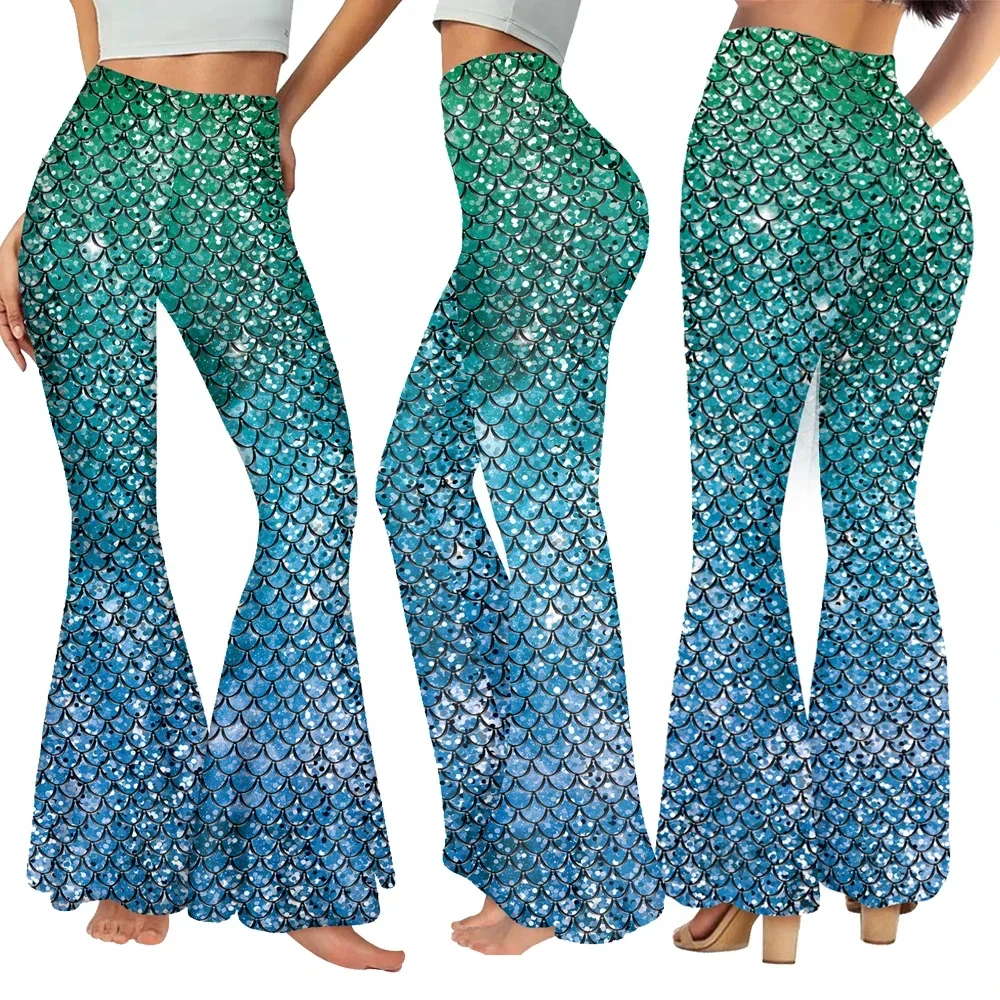 Cosplay Mermaid Fish Scale Print Colorful Shiny Costumes Flared Pants Women Halloween Party Carnival Bell Bottom Trousers