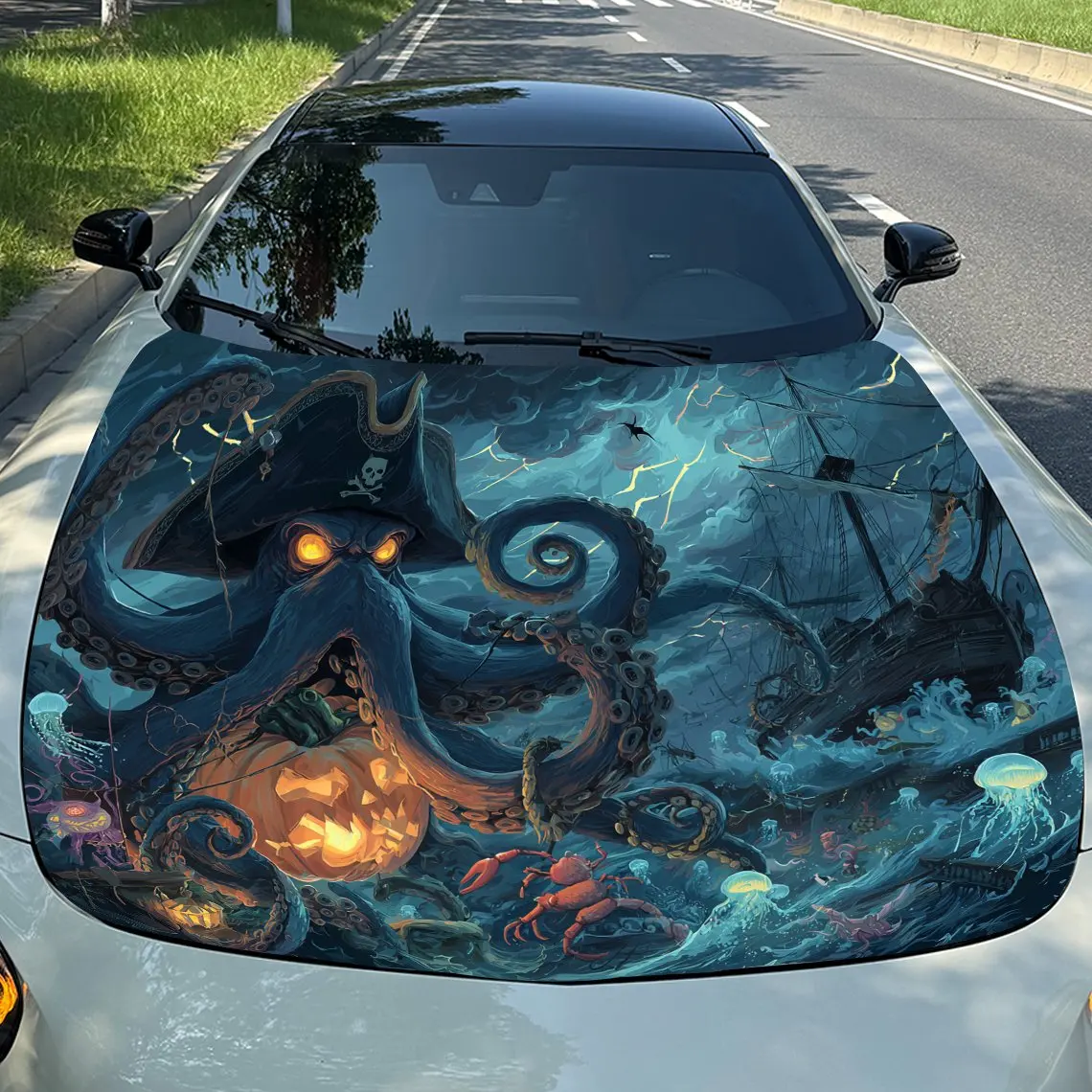 Pirate Octopus Fantasy Ocean Car Vinyl Wrap, PVC Waterproof Car Hood Sticker, Self-Adhesive Scratch-Resistant Stickers for Engin