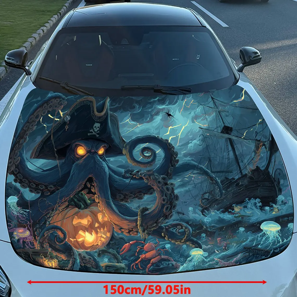 Pirate Octopus Fantasy Ocean Car Vinyl Wrap, PVC Waterproof Car Hood Sticker, Self-Adhesive Scratch-Resistant Stickers for Engin
