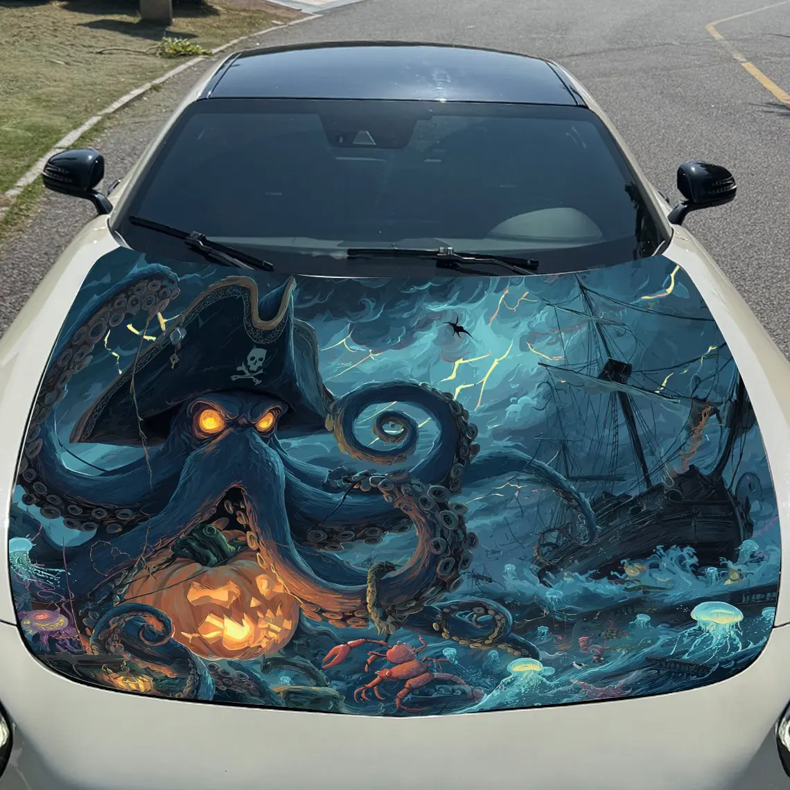 Pirate Octopus Fantasy Ocean Car Vinyl Wrap, PVC Waterproof Car Hood Sticker, Self-Adhesive Scratch-Resistant Stickers for Engin