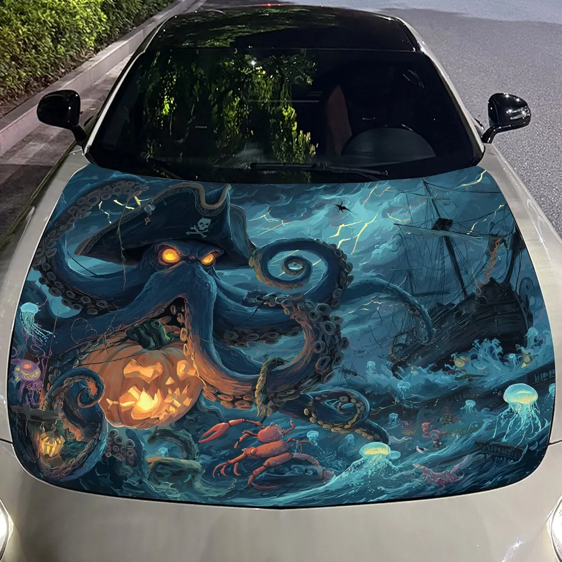 Pirate Octopus Fantasy Ocean Car Vinyl Wrap, PVC Waterproof Car Hood Sticker, Self-Adhesive Scratch-Resistant Stickers for Engin