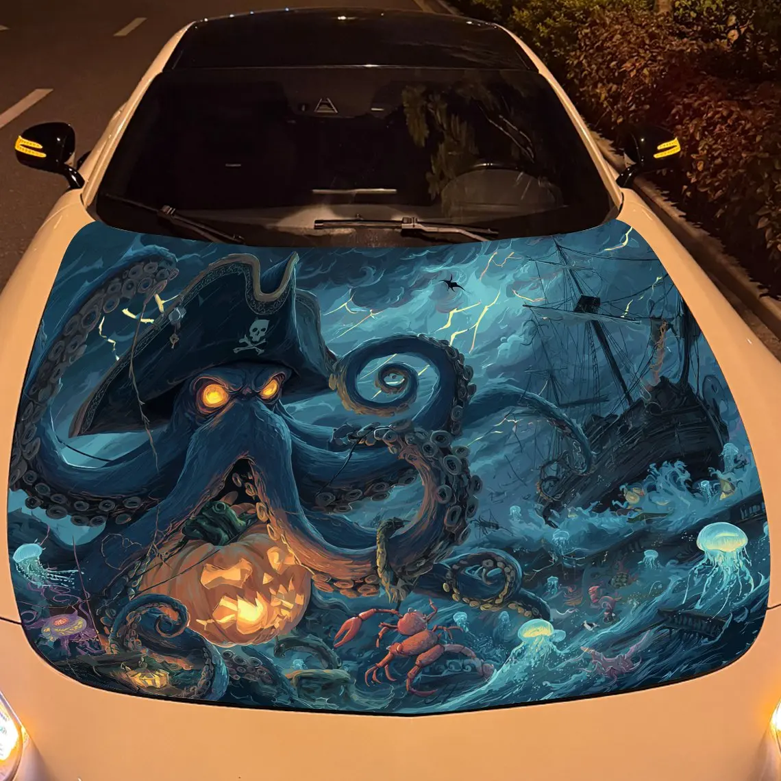Pirate Octopus Fantasy Ocean Car Vinyl Wrap, PVC Waterproof Car Hood Sticker, Self-Adhesive Scratch-Resistant Stickers for Engin
