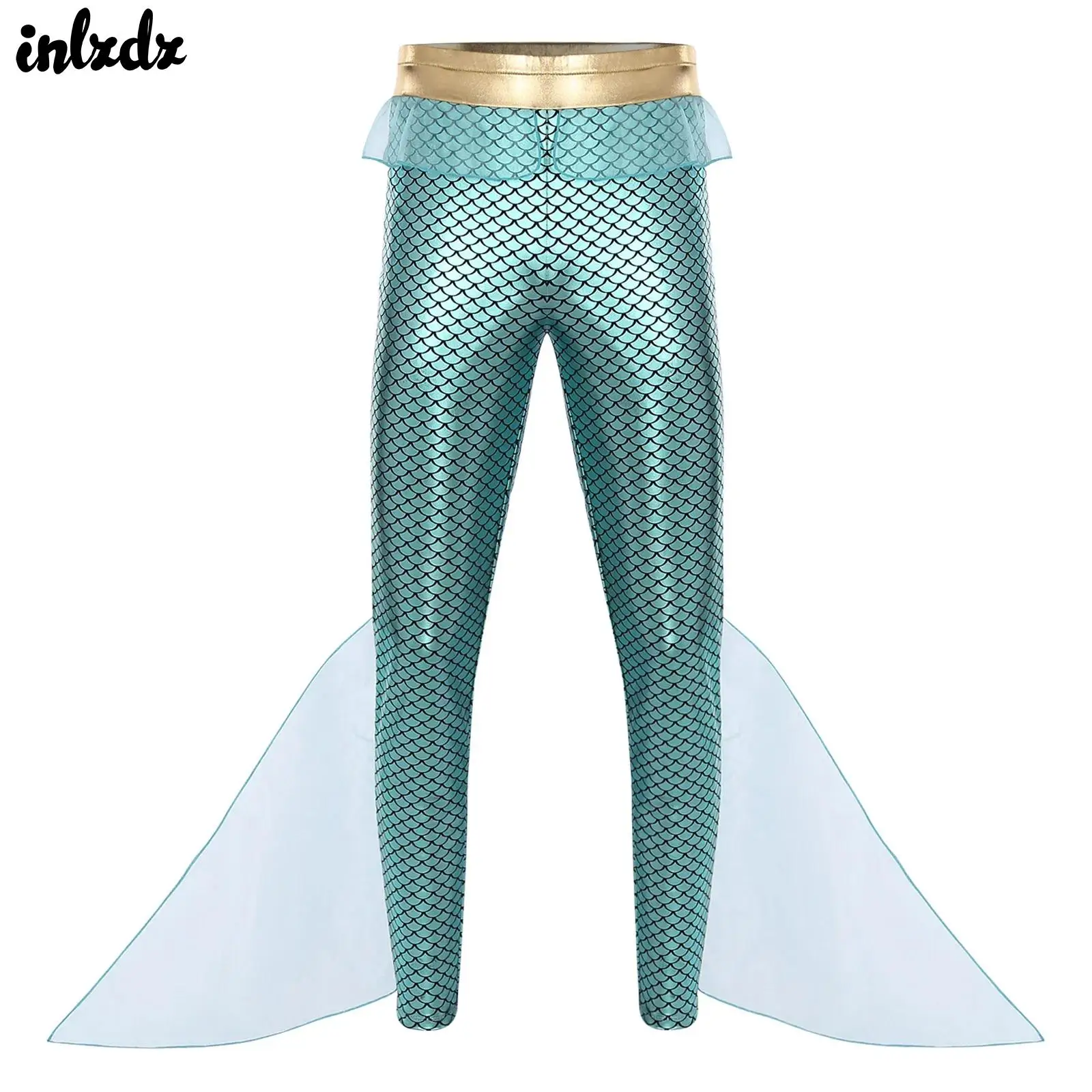 Mens Mermaid Seas King Cosplay Costume Mermaid Fish Scale Print Metallic Shiny Tights Pants Leggings Halloween Cosplay Outfit