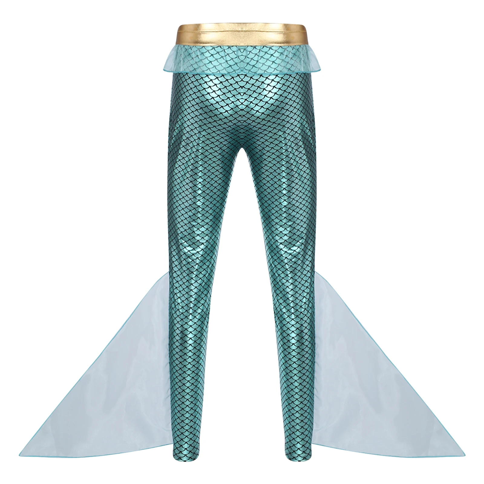 Mens Mermaid Seas King Cosplay Costume Mermaid Fish Scale Print Metallic Shiny Tights Pants Leggings Halloween Cosplay Outfit