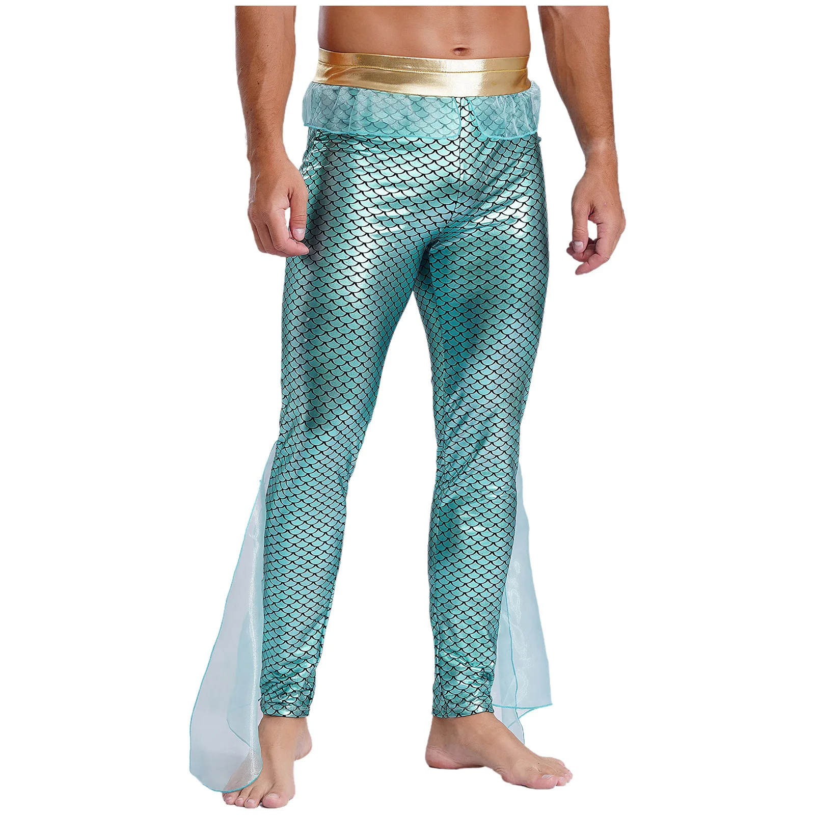 Mens Mermaid Seas King Cosplay Costume Mermaid Fish Scale Print Metallic Shiny Tights Pants Leggings Halloween Cosplay Outfit