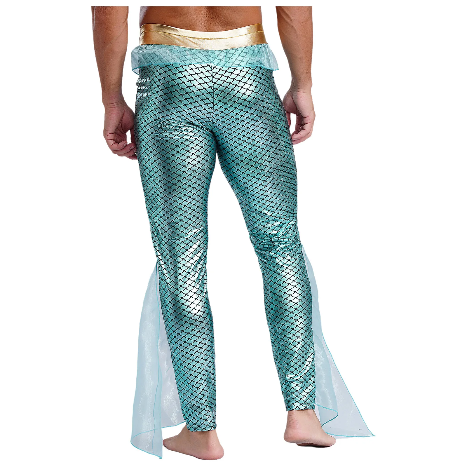 Mens Mermaid Seas King Cosplay Costume Mermaid Fish Scale Print Metallic Shiny Tights Pants Leggings Halloween Cosplay Outfit