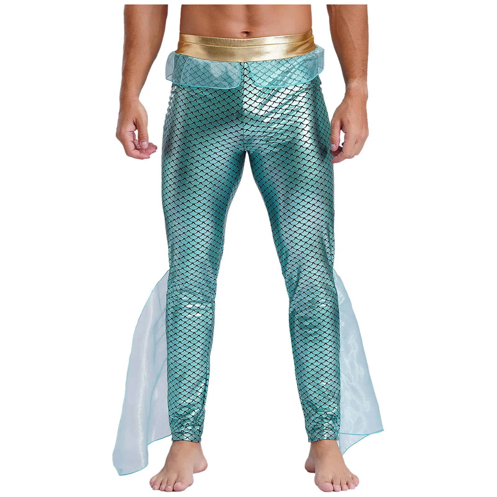 Mens Mermaid Seas King Cosplay Costume Mermaid Fish Scale Print Metallic Shiny Tights Pants Leggings Halloween Cosplay Outfit