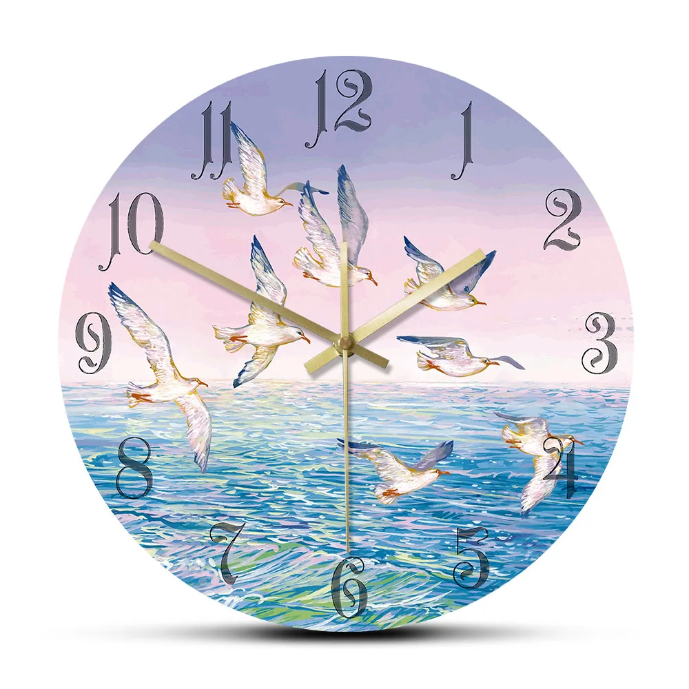Fantasy Landscape Flying Seagulls Painting Printed Wall Clock Home Decor Seagull Above The Sea Ocean Scenery Silent Wall Clock