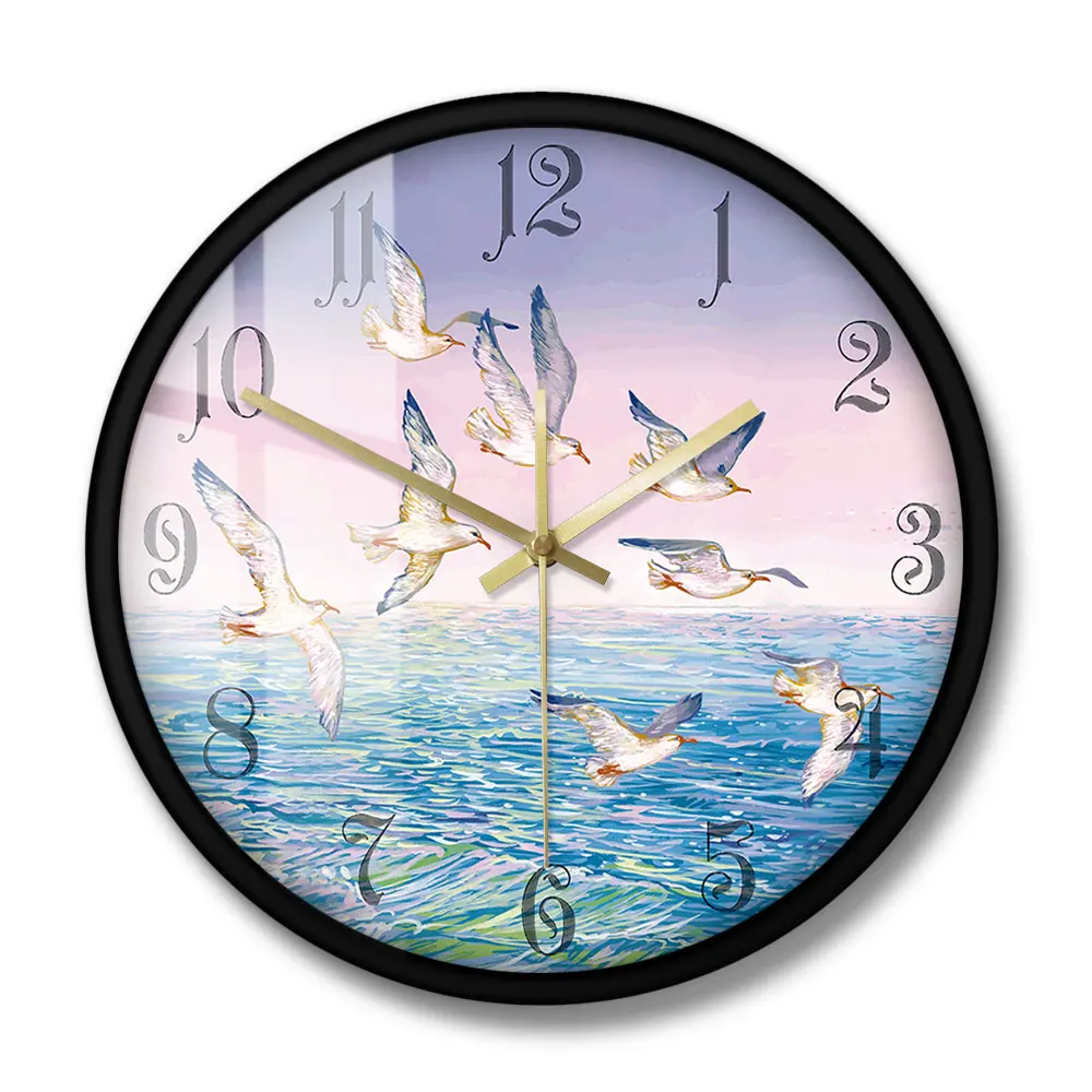 Fantasy Landscape Flying Seagulls Painting Printed Wall Clock Home Decor Seagull Above The Sea Ocean Scenery Silent Wall Clock