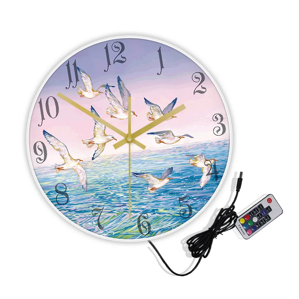 Fantasy Landscape Flying Seagulls Painting Printed Wall Clock Home Decor Seagull Above The Sea Ocean Scenery Silent Wall Clock