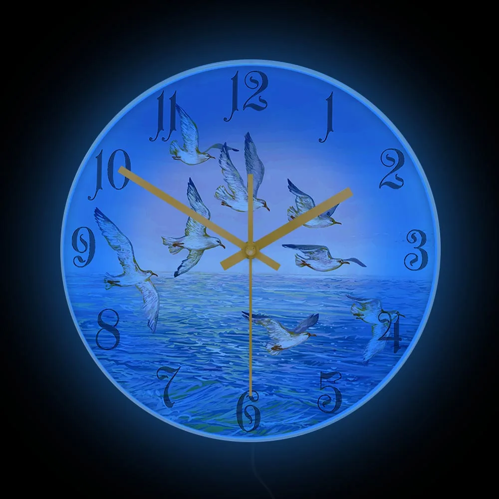 Fantasy Landscape Flying Seagulls Painting Printed Wall Clock Home Decor Seagull Above The Sea Ocean Scenery Silent Wall Clock