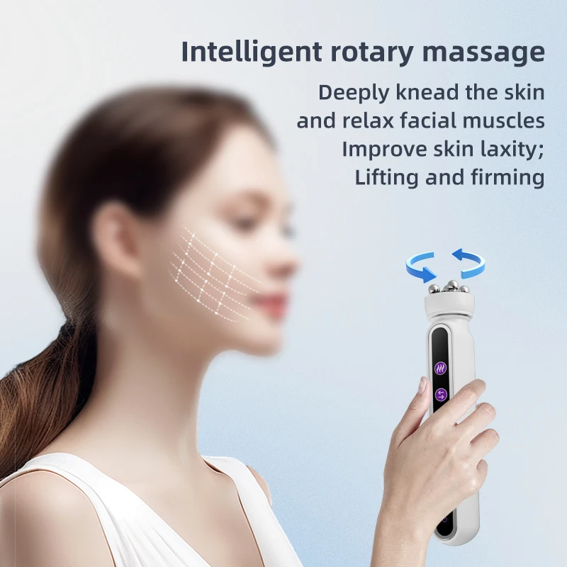 EMS Microcurrent Facial Heating RF LED Photon Pulling Electric Rotating Roller Massage Face Lifting Beauty Device