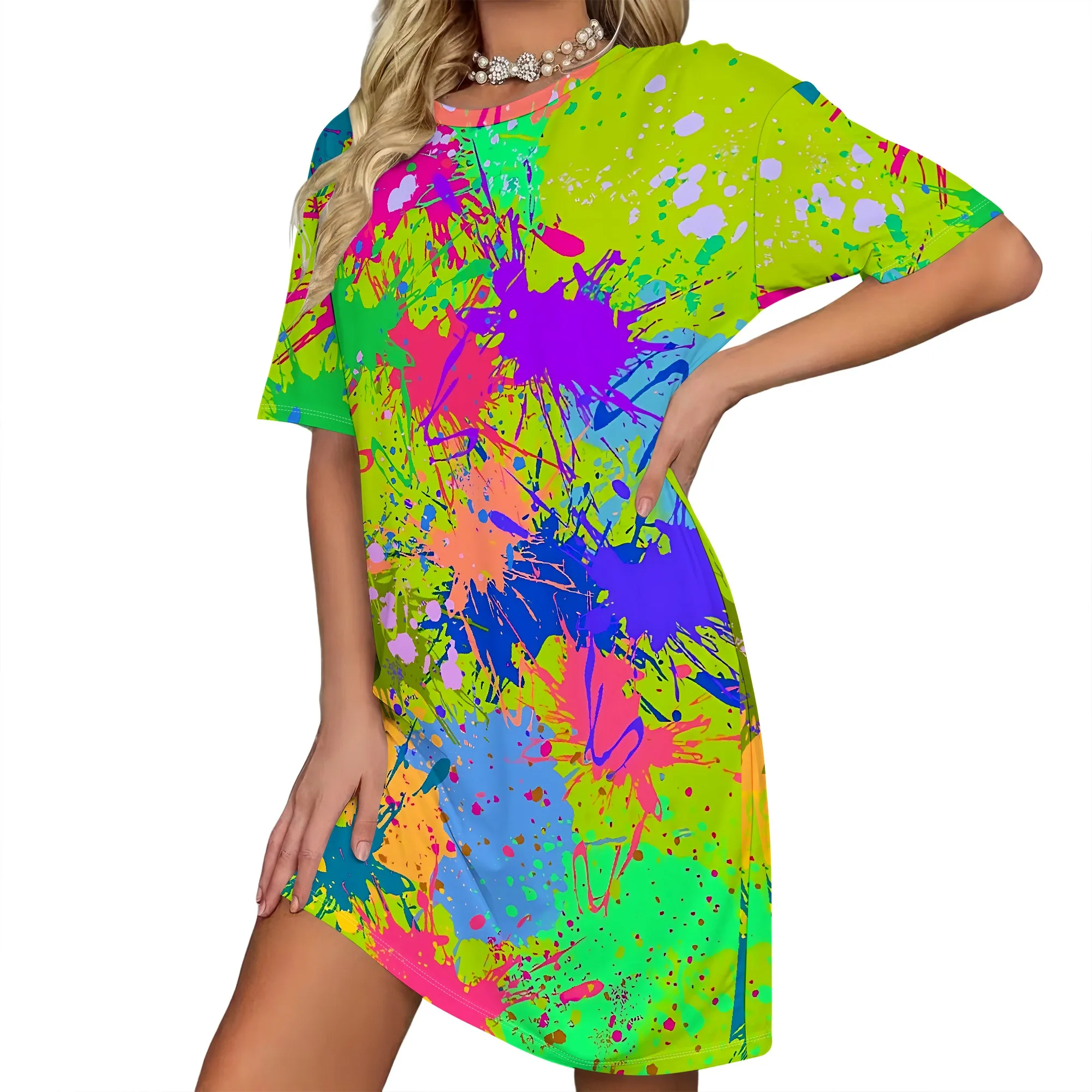 Neon Splatter Paint Dress, Abstract Art T-Shirt Dress, Colorful Print Mini Dress for Women, Casual Summer Wear, S-2XL