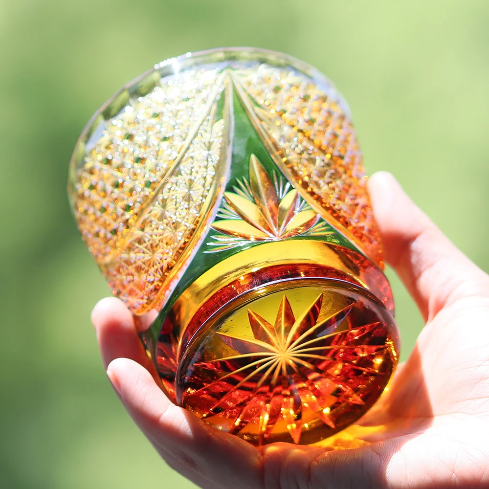 Amber Green 24% Lead Crystal Hand Cut Edo Kiriko Whiskey Glass Tumbler 330 ml Japanese Style for Spirits And Beverages