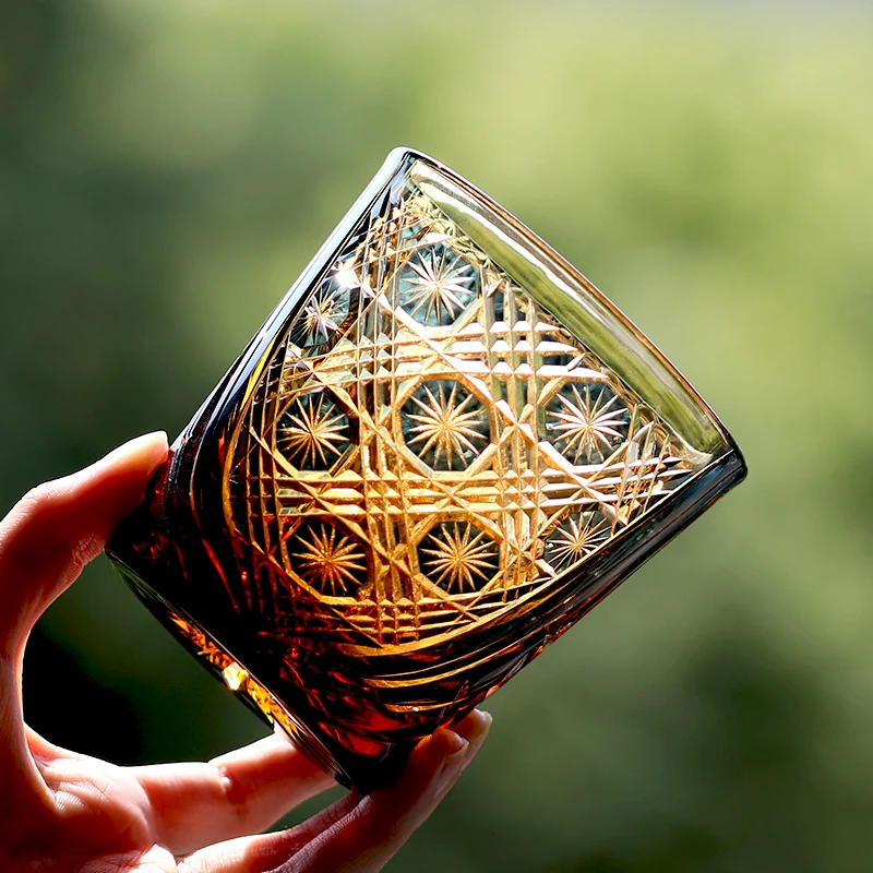 330ml 24% Lead Crystal Whiskey Glass Japanese Style Amber Bluish-green Edo Kiriko Cut Star Flower Cocktail Glass for Bar Party