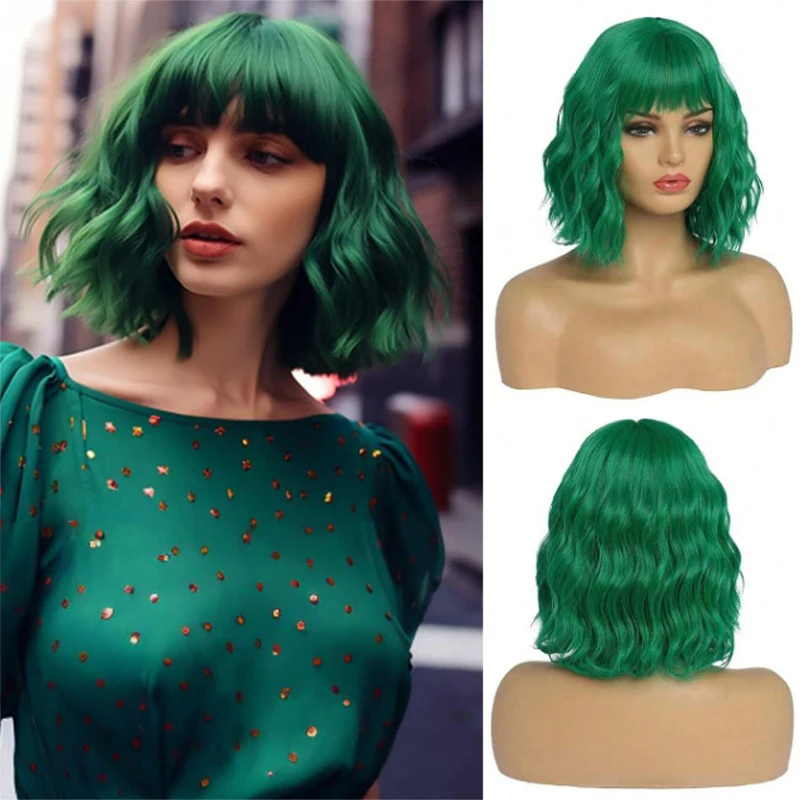 European and American style women's , BoBo cut with bangs, green wavy hair, high-temperature synthetic fiber wig