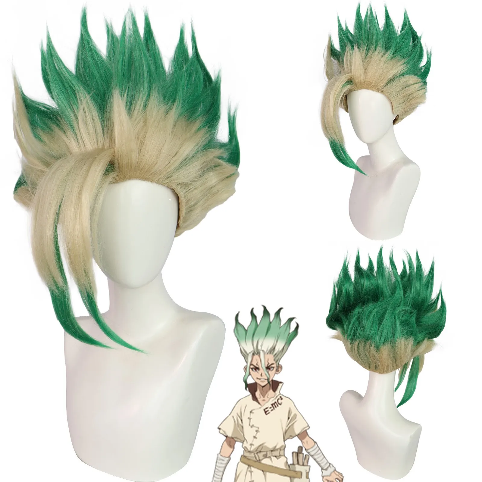 Blonde Green Spiky Gradient Cosplay Wig Heat Resistant Synthetic Anime Style Wig for Halloween Comic Con Wig + Free wig cap