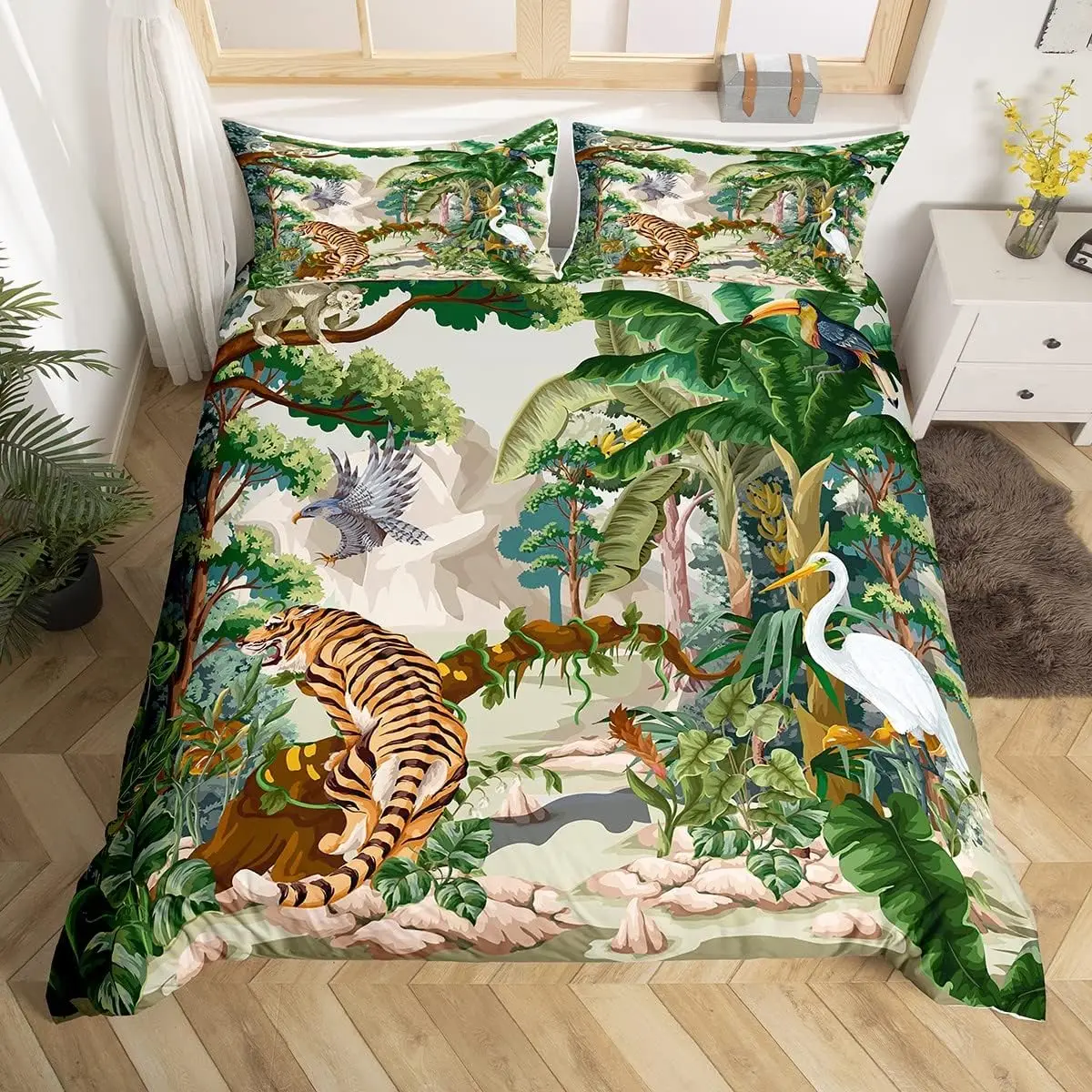 Tiger Animal Duvet Cover Single Size Green Palm Leaves Jungle Bedding Set With 1 Pillowcase Rainforest Eagle Wildlife