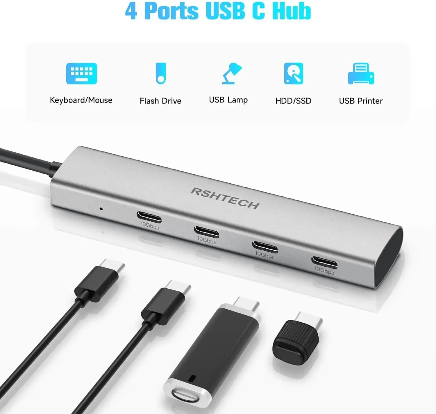 RSHTECH USB C Hub USB 3.2 Hub 10Gbps 4-Port USB-C Splitter Portable Aluminum USB Type C Adapter for MacBook Thunderbolt Laptop