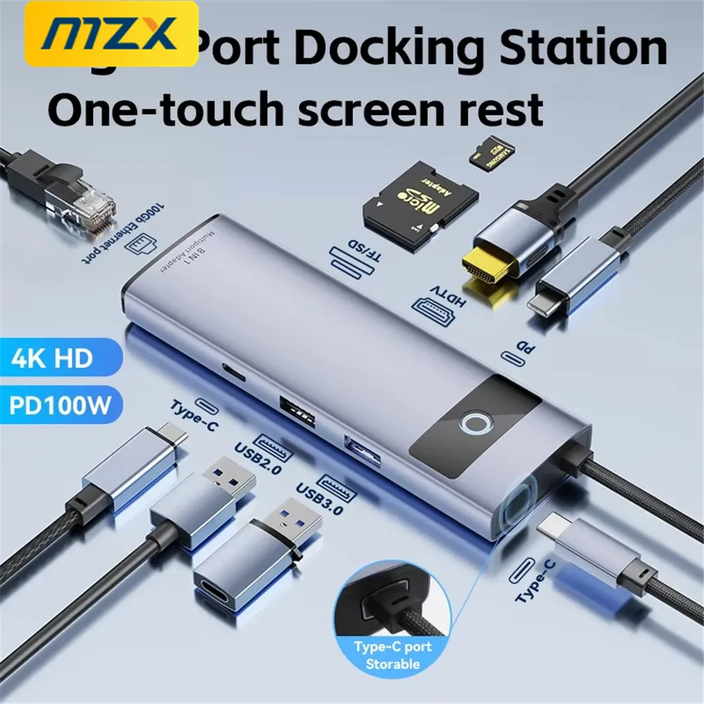 MZX 8 in 1 USB C Docking Station Aluminum Alloy 3.0 2.0 4K HDMI-Compatible PD100W Multiport Type 3 0 Adapter RJ45 100M Dock Hubs