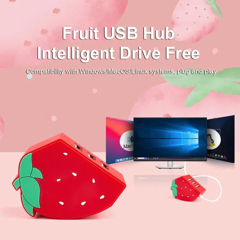 USB Hub 3 Port Cute Fruit Shaped Splitter High Speed Data Transfer Charging Adapter Plug and Play for Laptop PC