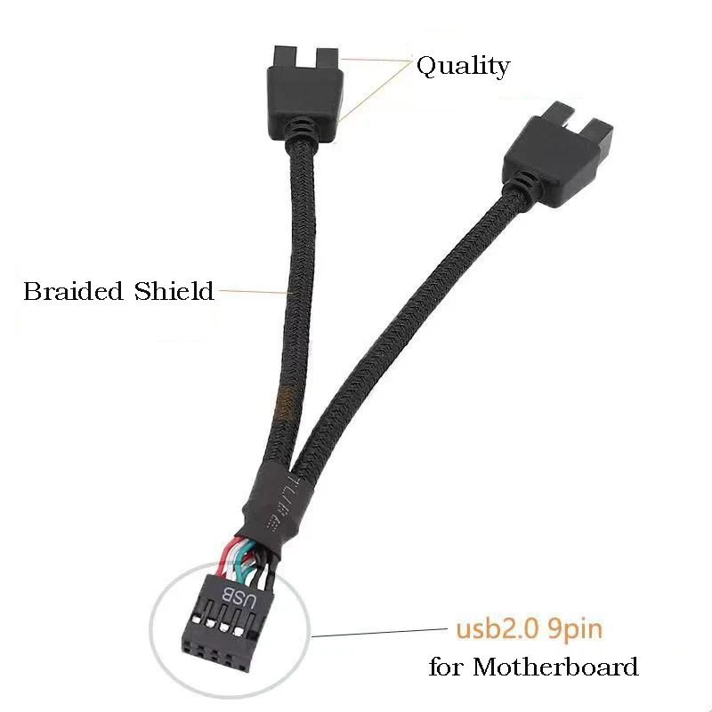 USB 9 PIN to Dual 9 Pin Cable Splitter Computer PC Case Motherboard 1 In 2 Out Data Transfer Braided Shield Wire HUB Extend Line