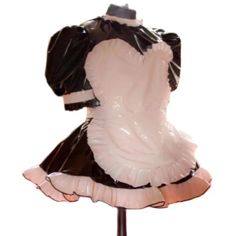 Lockable PVC Sissy Maid Cosplay Dress Long Sleeved Black Pink Sexy Apron Included for Makeup Party Customizable