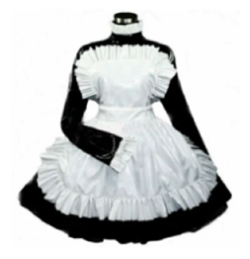 Lockable PVC Sissy Maid Cosplay Dress Long Sleeved Black Pink Sexy Apron Included for Makeup Party Customizable
