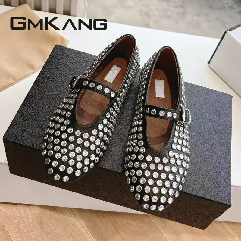 Women's Studded Mary Jane Ballet Flats, Suede Round Toe Buckle Casual Shoes
