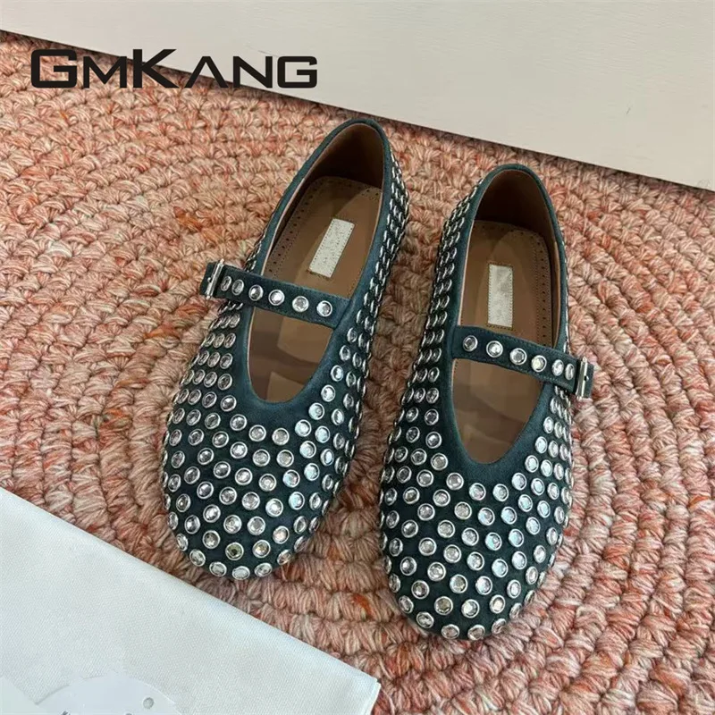 Women's Studded Mary Jane Ballet Flats, Suede Round Toe Buckle Casual Shoes
