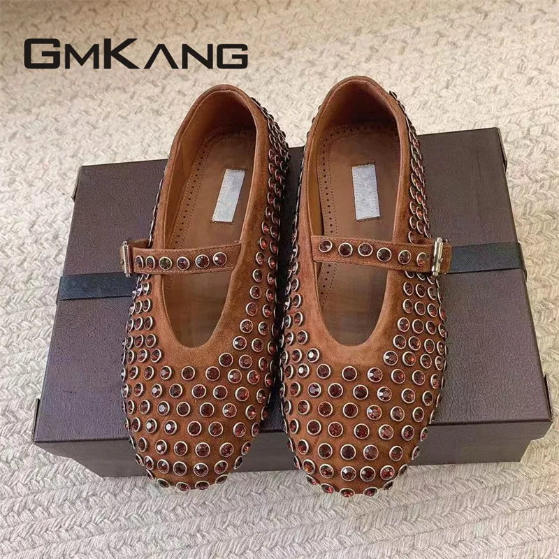 Women's Studded Mary Jane Ballet Flats, Suede Round Toe Buckle Casual Shoes