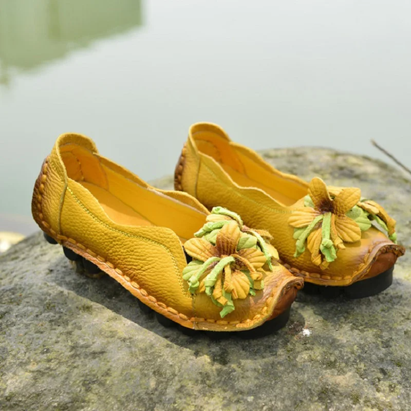 Genuine Leather Ballet Flats Women's Slip On Loafers Vintage Handmade Flower Soft Muffin Platform Casual Walk Dress Shoes Woman