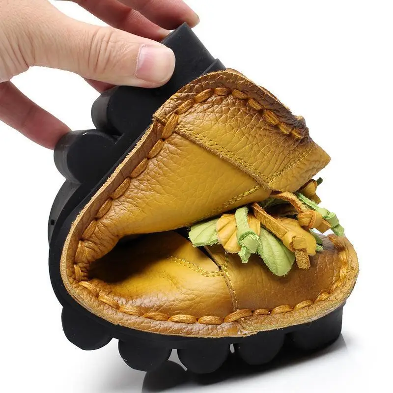 Genuine Leather Ballet Flats Women's Slip On Loafers Vintage Handmade Flower Soft Muffin Platform Casual Walk Dress Shoes Woman