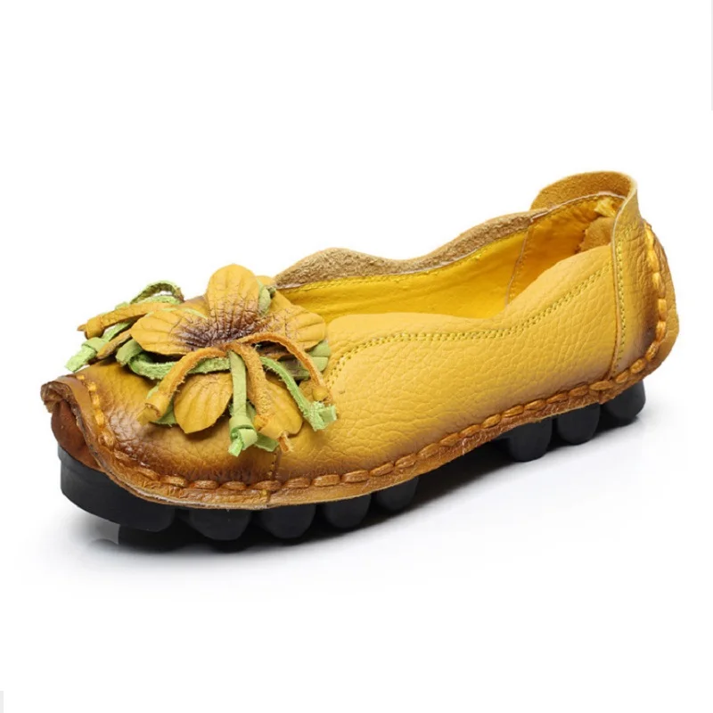 Genuine Leather Ballet Flats Women's Slip On Loafers Vintage Handmade Flower Soft Muffin Platform Casual Walk Dress Shoes Woman
