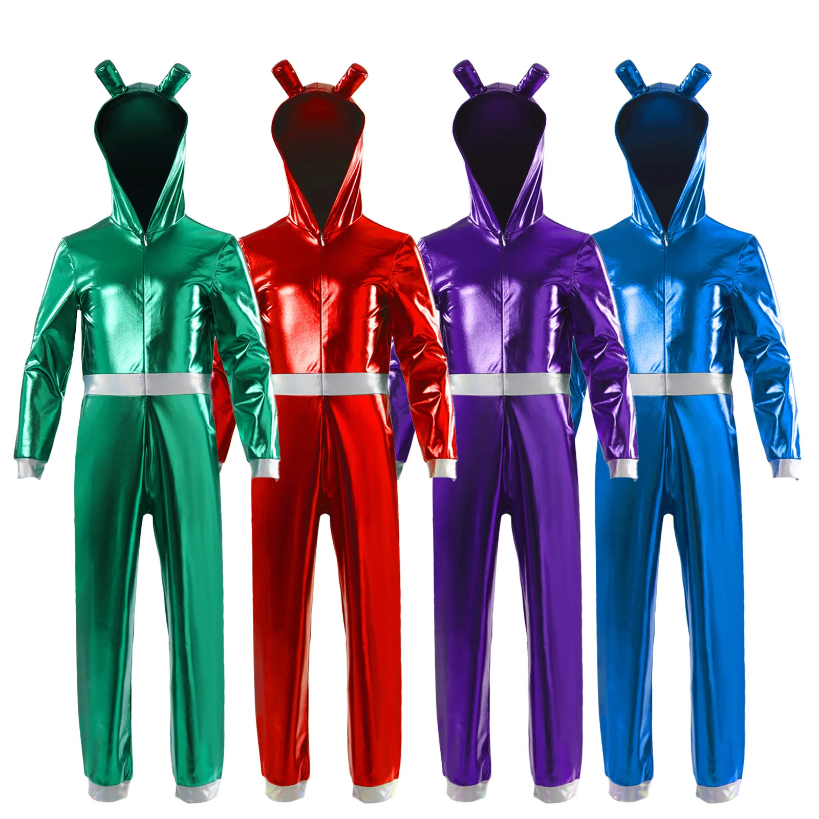 Kids Astronaut Alien Space Halloween Cosplay Costume Long Sleeve Hoodie Jumpsuit Metallic Glossy Laser Front Zipper Outfit