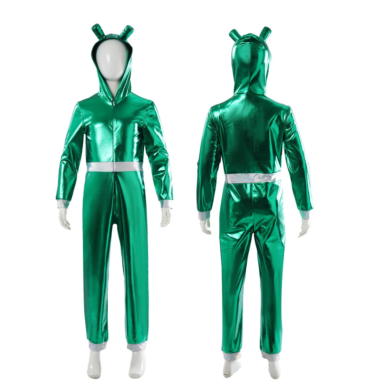 Kids Astronaut Alien Space Halloween Cosplay Costume Long Sleeve Hoodie Jumpsuit Metallic Glossy Laser Front Zipper Outfit