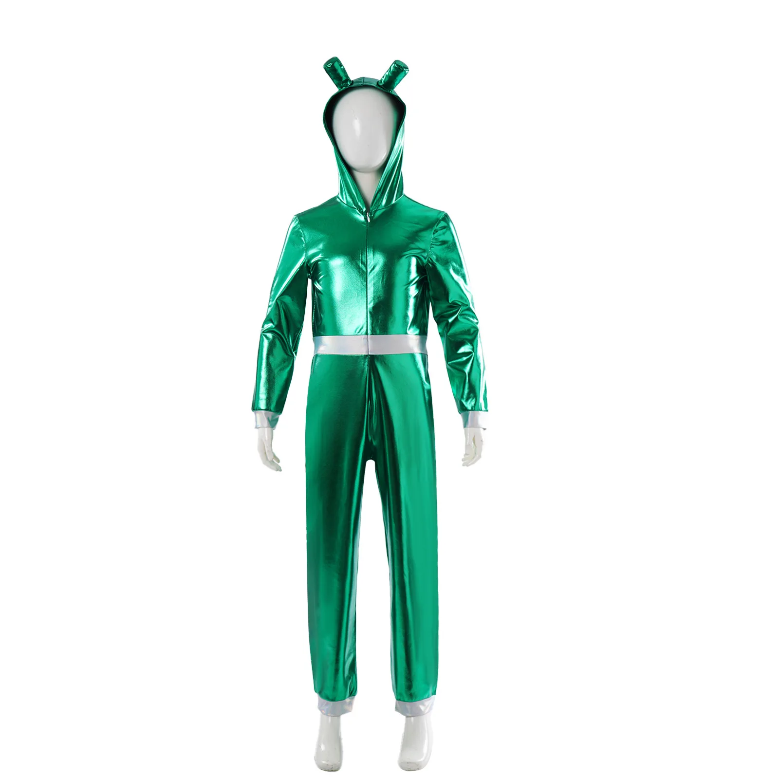 Kids Astronaut Alien Space Halloween Cosplay Costume Long Sleeve Hoodie Jumpsuit Metallic Glossy Laser Front Zipper Outfit