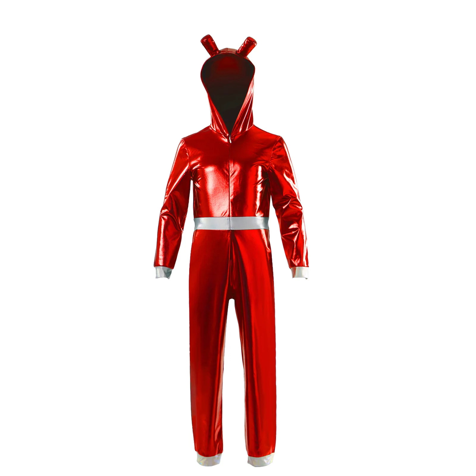 Kids Astronaut Alien Space Halloween Cosplay Costume Long Sleeve Hoodie Jumpsuit Metallic Glossy Laser Front Zipper Outfit