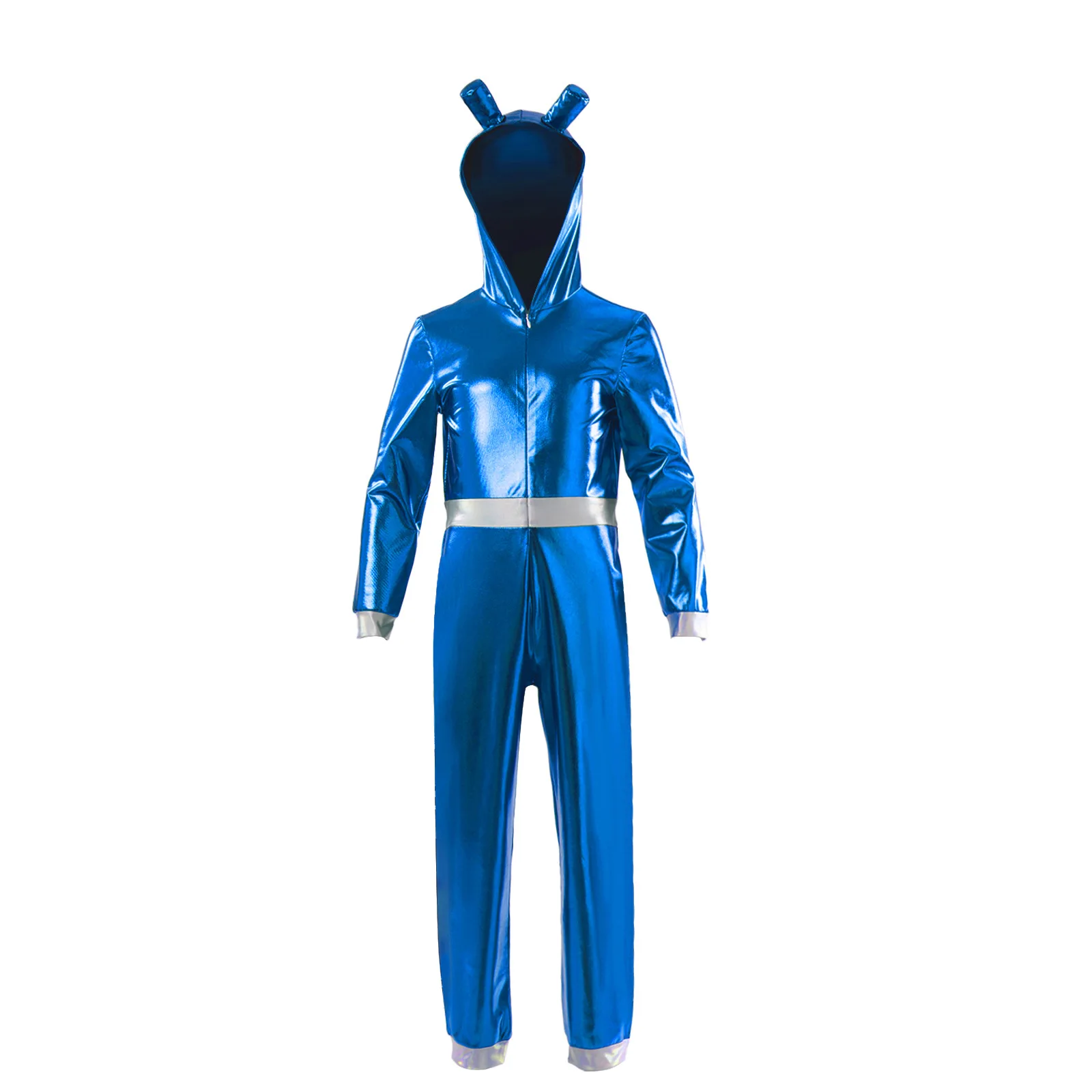 Kids Astronaut Alien Space Halloween Cosplay Costume Long Sleeve Hoodie Jumpsuit Metallic Glossy Laser Front Zipper Outfit