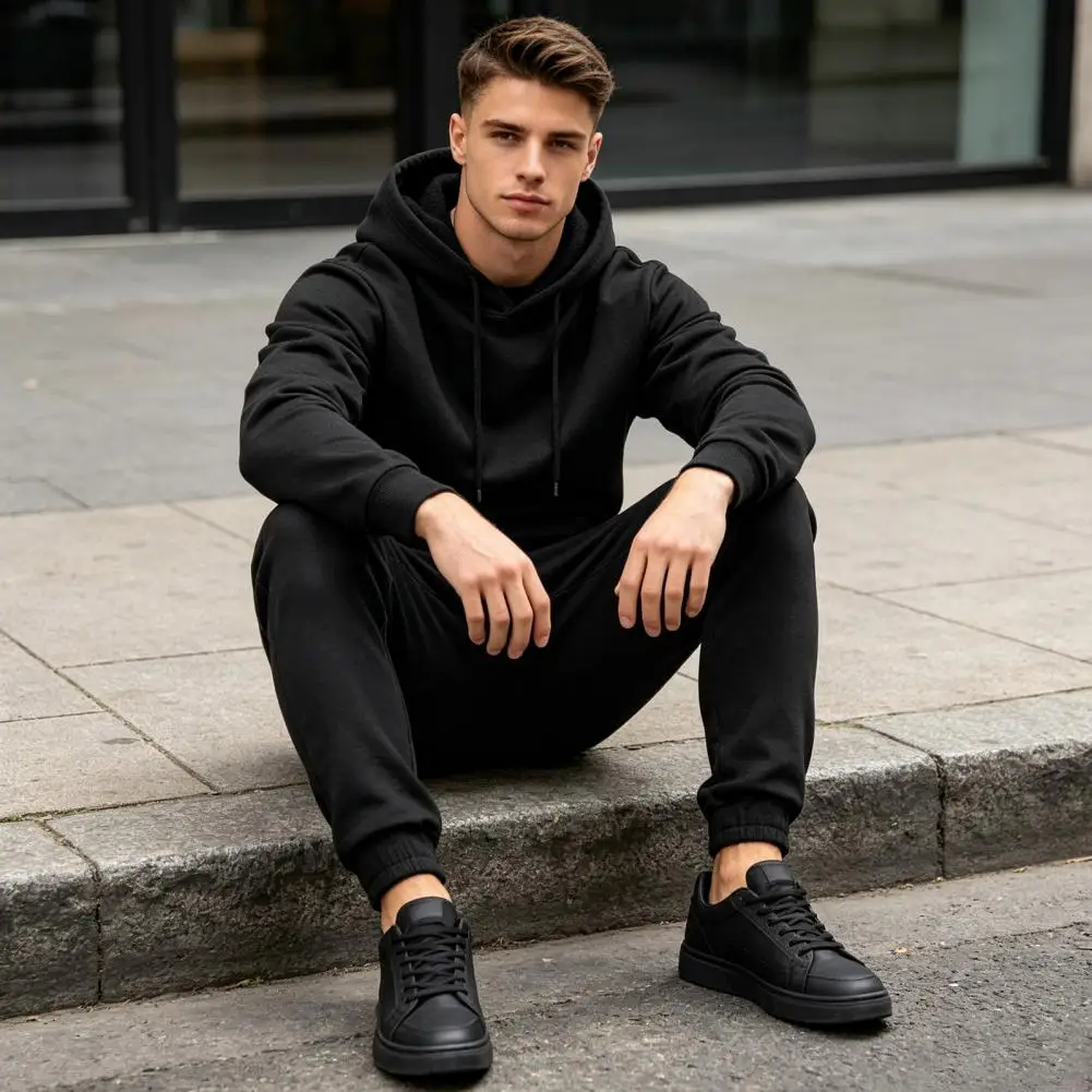 Hoodie Pants Two Piece Set for Men, Sports Hooded Sweatshirt & Drawstring Sweatpants Fall Winter Versatile Daily Commuter Set