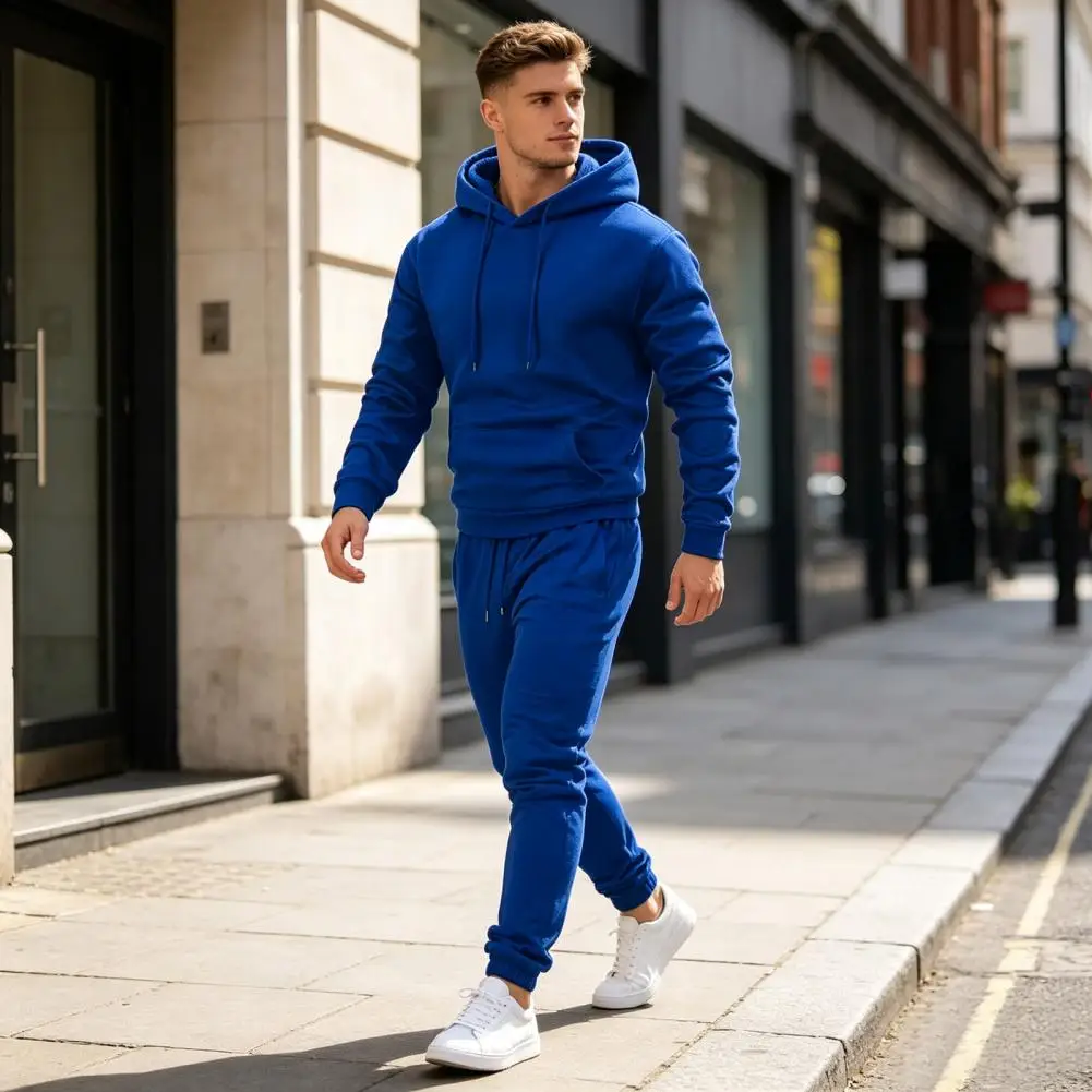 Hoodie Pants Two Piece Set for Men, Sports Hooded Sweatshirt & Drawstring Sweatpants Fall Winter Versatile Daily Commuter Set