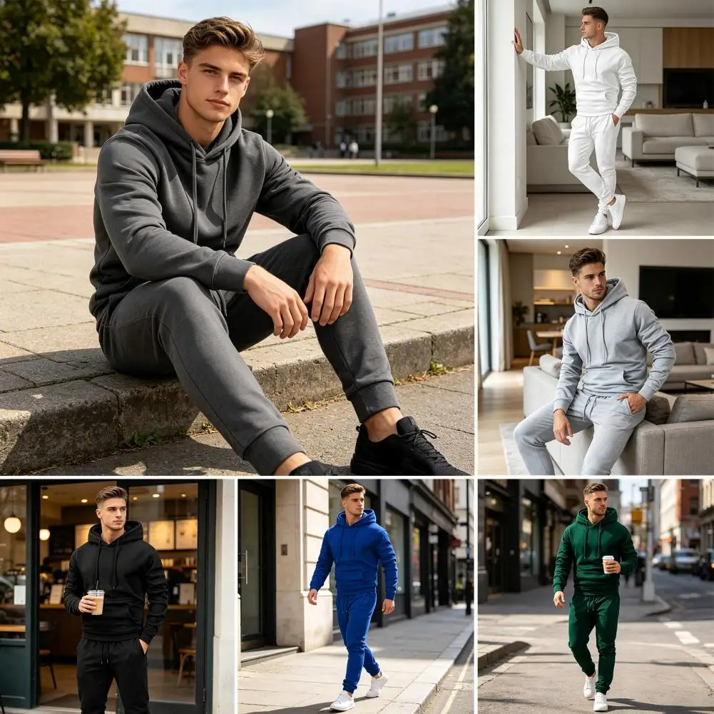 Hoodie Pants Two Piece Set for Men, Sports Hooded Sweatshirt & Drawstring Sweatpants Fall Winter Versatile Daily Commuter Set