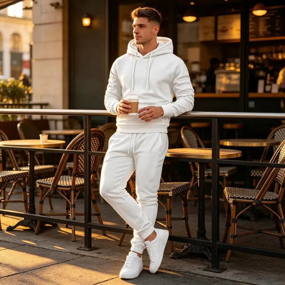 Hoodie Pants Two Piece Set for Men, Sports Hooded Sweatshirt & Drawstring Sweatpants Fall Winter Versatile Daily Commuter Set
