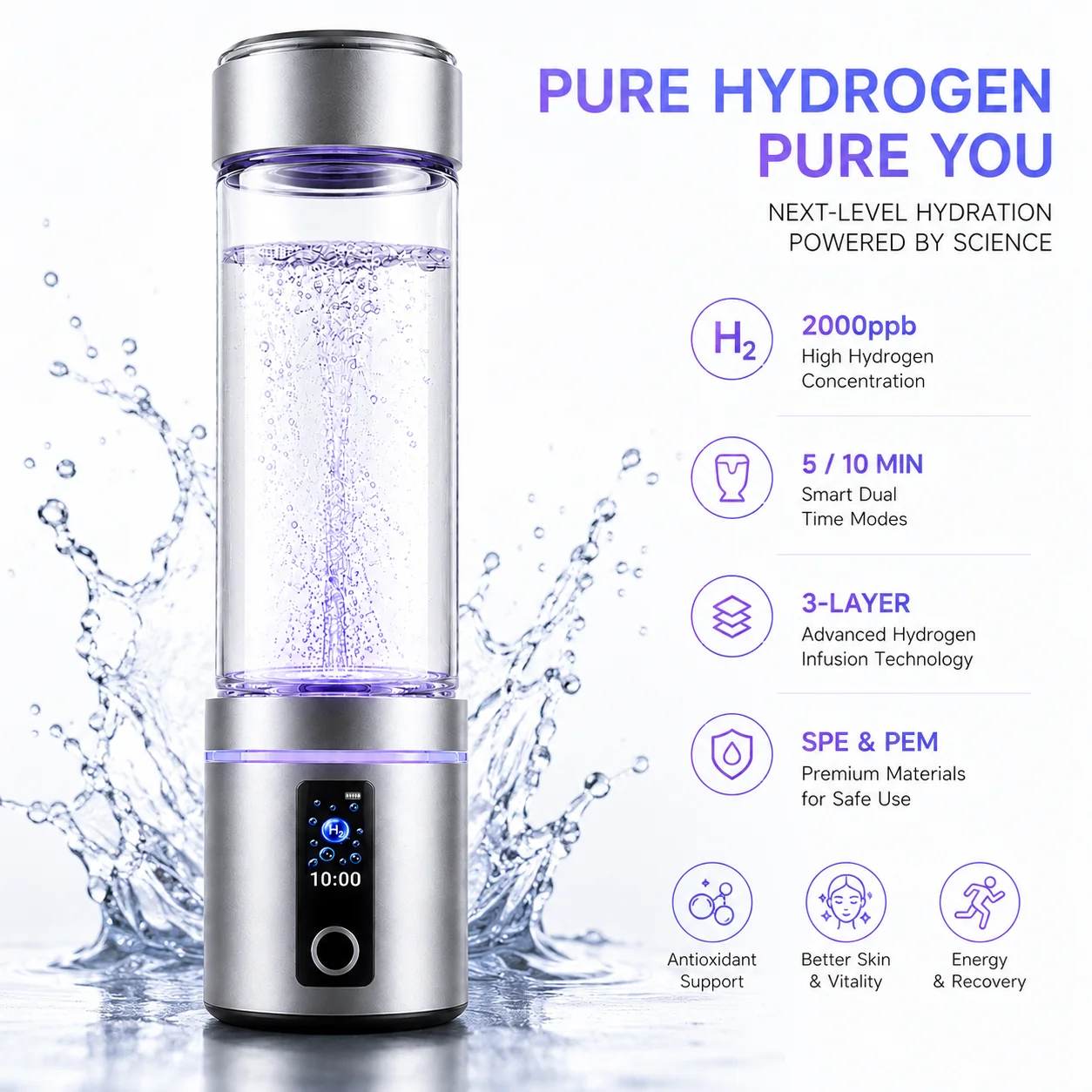 Versatile 2000ppb LCD Screen 3-Stage Multi Beverage Ceramic Technology Portable Hydrogen Water Generator Bottle Machine Ionizer