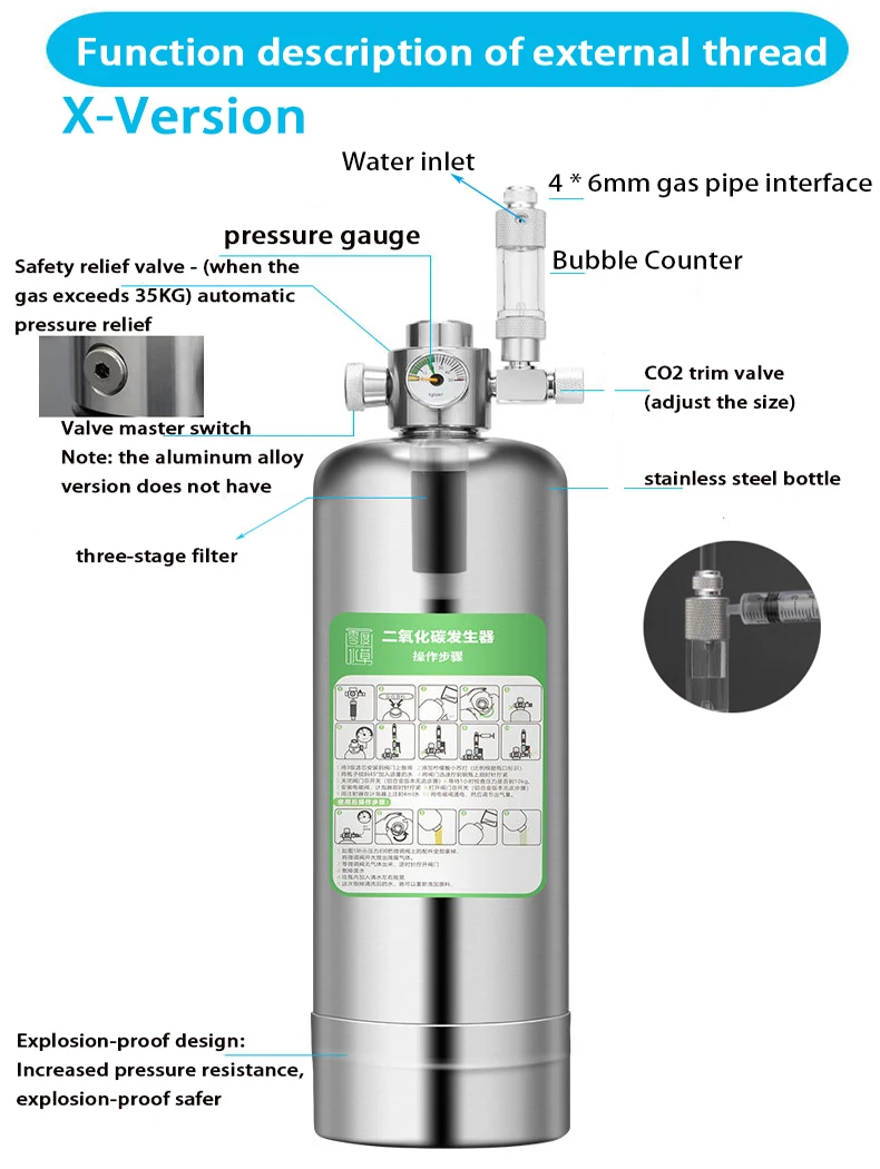 Fish Tank DIY CO2 Generator Aquarium Stainless Steel Bottle Water Injection Type Foam Counter Raw Material Reaction Equipment